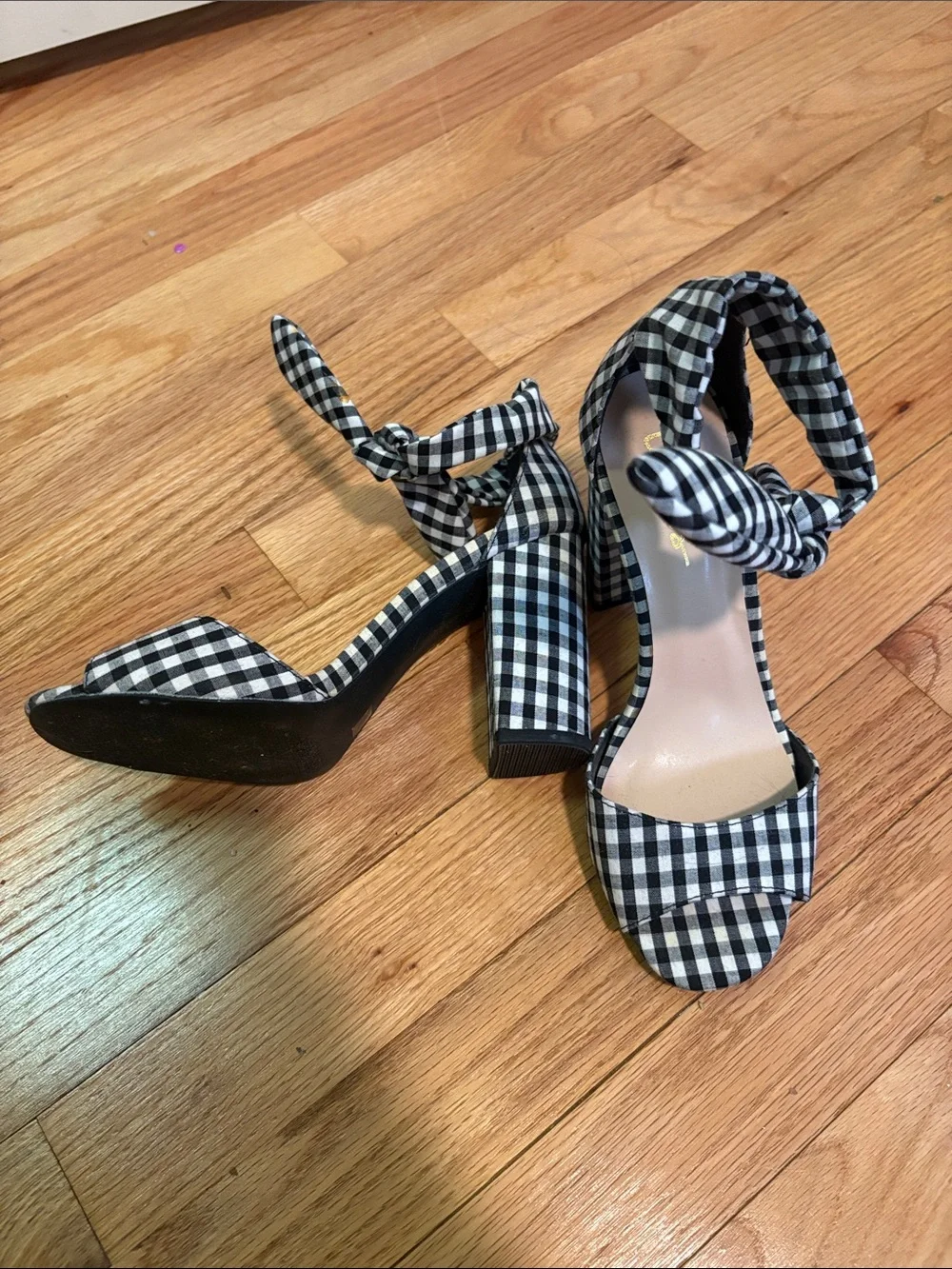 Lulus Convington Black & White Gingham Ankle-Tie Heels - Women Sandals 7 7.5 37